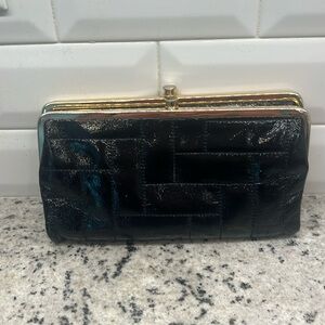 HOBO Lauren clutch patent leather and gold adorable polka dot interior